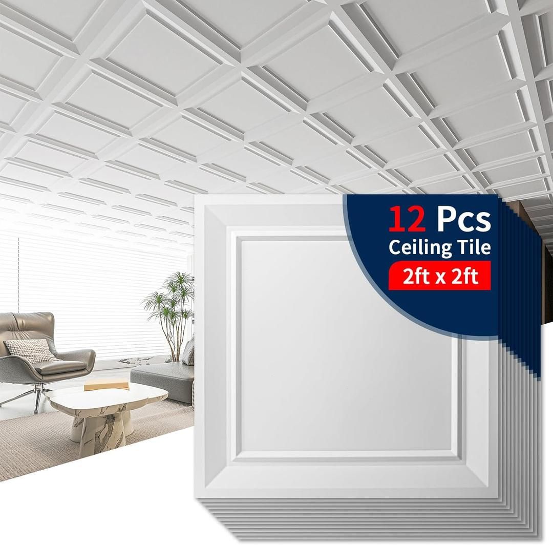 Art3dwallpanels Ceiling Tiles 24 x 24 Drop Ceiling Tiles, 12 Pack Drop in High Grade PVC Wall Panels, Fire Rated, Waterproof, Light Weight, Cover 48 S