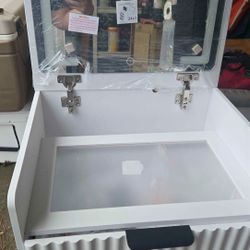 White Vanity with Flop Down Mirror. 