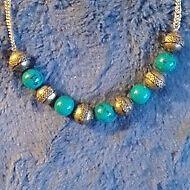 16" green and pewter bead plastic necklace w/ 3" extension

