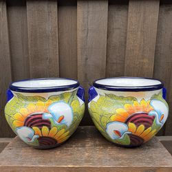 Mexican Talavera Sunflower-Lily Planters, Pottery, Clay Pots.