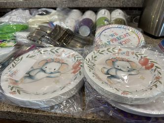 Huge Party Supplies Bundle – Elephant Theme Plates, Napkins, Colorful Cups & Assorted Cutlery (Brand New), Includes Cutlery, Candles, Cake Topper