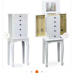 White Mirrored Armoire Jewelry Cabinet Free Standing Organizer Storage