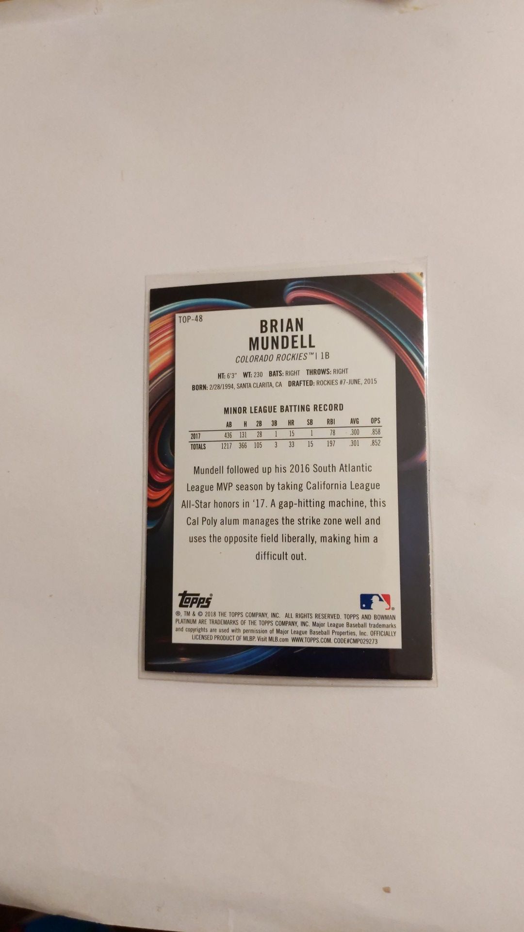 Brian mundell prospect 2018 Topps Bowman platium