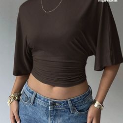 Aloruh Women's Casual Fashion Street Chic Solid Color Bat Sleeve Pleated Fitted Cropped T-Shirt, Summer,Red Top Formal Occasion, Special Occasion Re-W