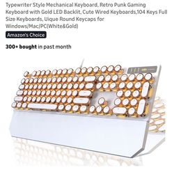 Typewriter Style Mechanical Keyboard, Retro Punk Gaming Keyboard with Gold LED Backlit, Cute Wired Keyboards,104 Keys Full Size Keyboards, Uique Round