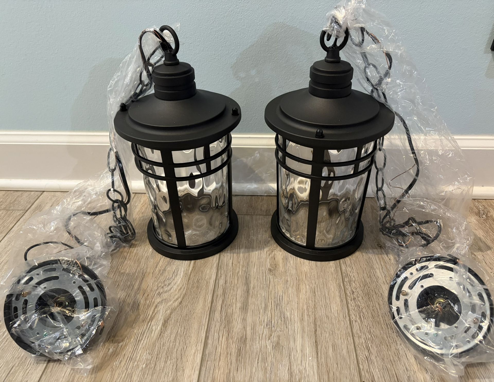 2 Outdoor Pendant Lights with Water Ripple Glass Lanterns, for Porch, Front Patio, Foyer Black New