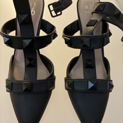 Black 9 1/2 Inch Heels With Ankle Straps and Spikes