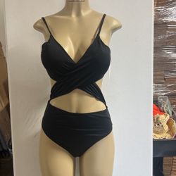 One Piece Sat In Black Tight Wraparound Bathing Suit