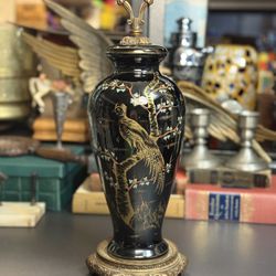 ANTIQUE 1910s BLACK & GOLD PEACOCK PHEASANT PORCELAIN BRASS ORMOLU VASE ART DECO