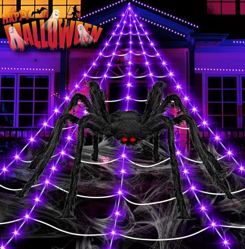 Halloween Decorations Outdoor, 200 LED Halloween Giant Spider Web Lights, 16.4Ft Lighted Spider Web Light up for Yard Haunted House Decor