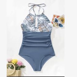 SHEIN Swim Summer Beach Tropical Print Ruched Halter One Piece Swimsuit