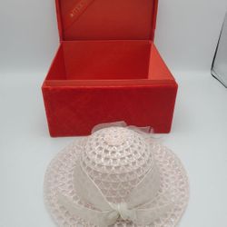 Vintage Pink Straw Doll Hat with Sheer Ribbon and Macy's Box