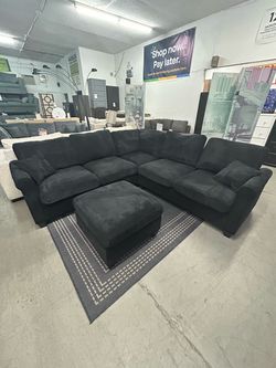 Black Corduroy Sectional Sofa with Ottoman