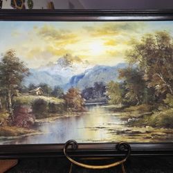 Vintage Snowy Mountains Landscape Framed Oil Painting 41"×29"