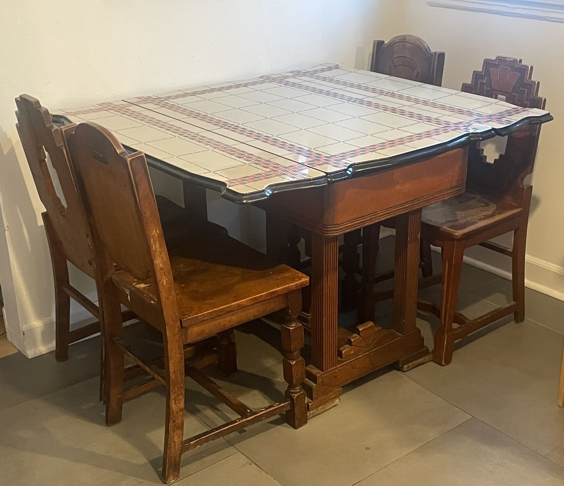  Vintage Ingram-Richardson Enamel Top Draw Leaf Art Deco Table & 4 Wood Art Deco Chairs