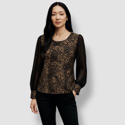 Gorgeous Black Gold Metallic Print Long Sleeve Career Tunic Party Top | Size 2XL
