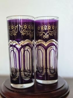 Pair of vintage MCM skinny highball glasses Moroccan style purple and gold tumblers