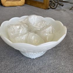 Milk Glass Punch Bowl & Cup Set