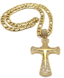 Necklace Stainless Steel 18K Gold Plated Cross With Cubic Zirconia, width 9MM ,Size Length 22”