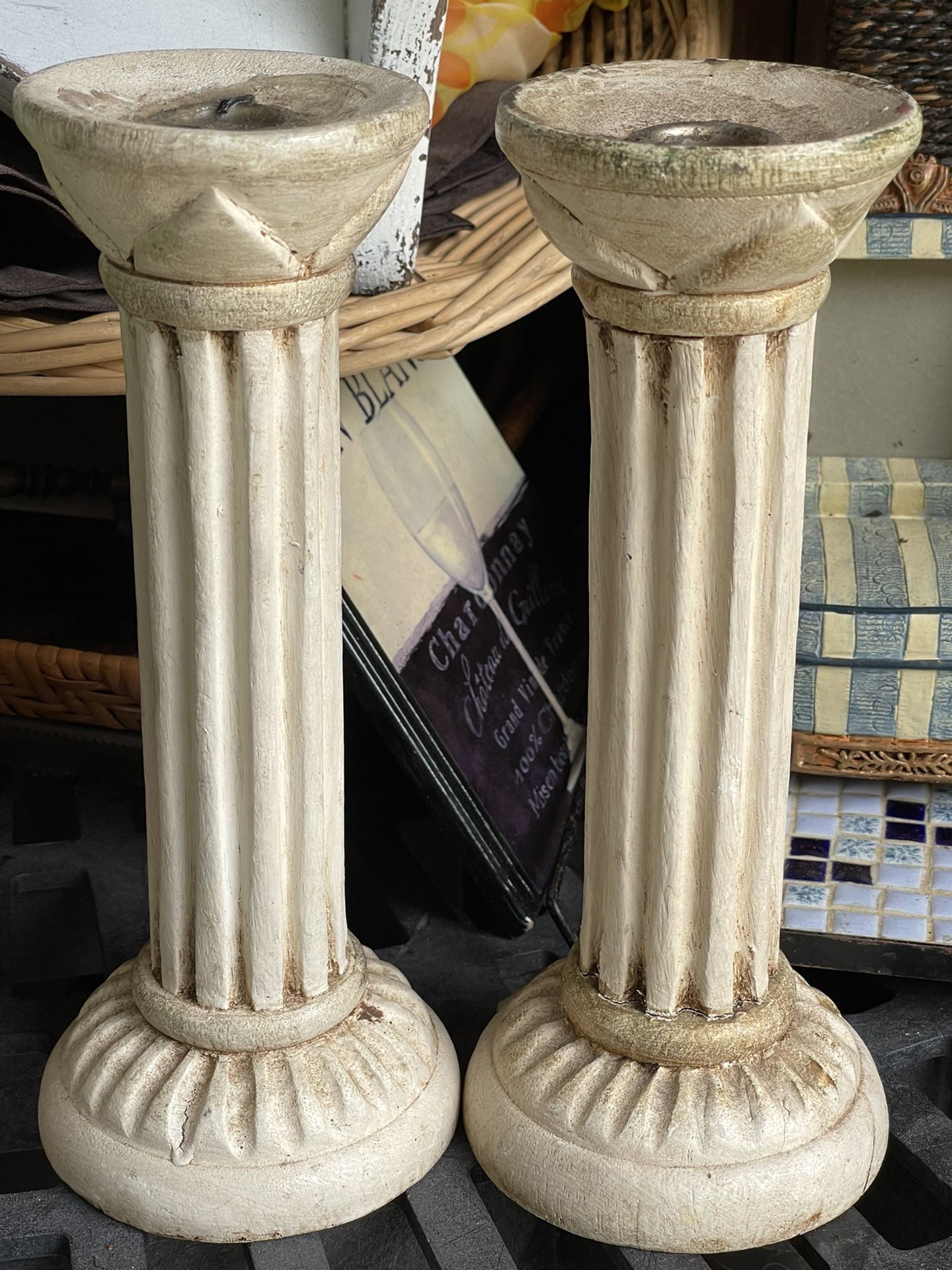 Pair Of Vintage Roman Pillar Candle Holders