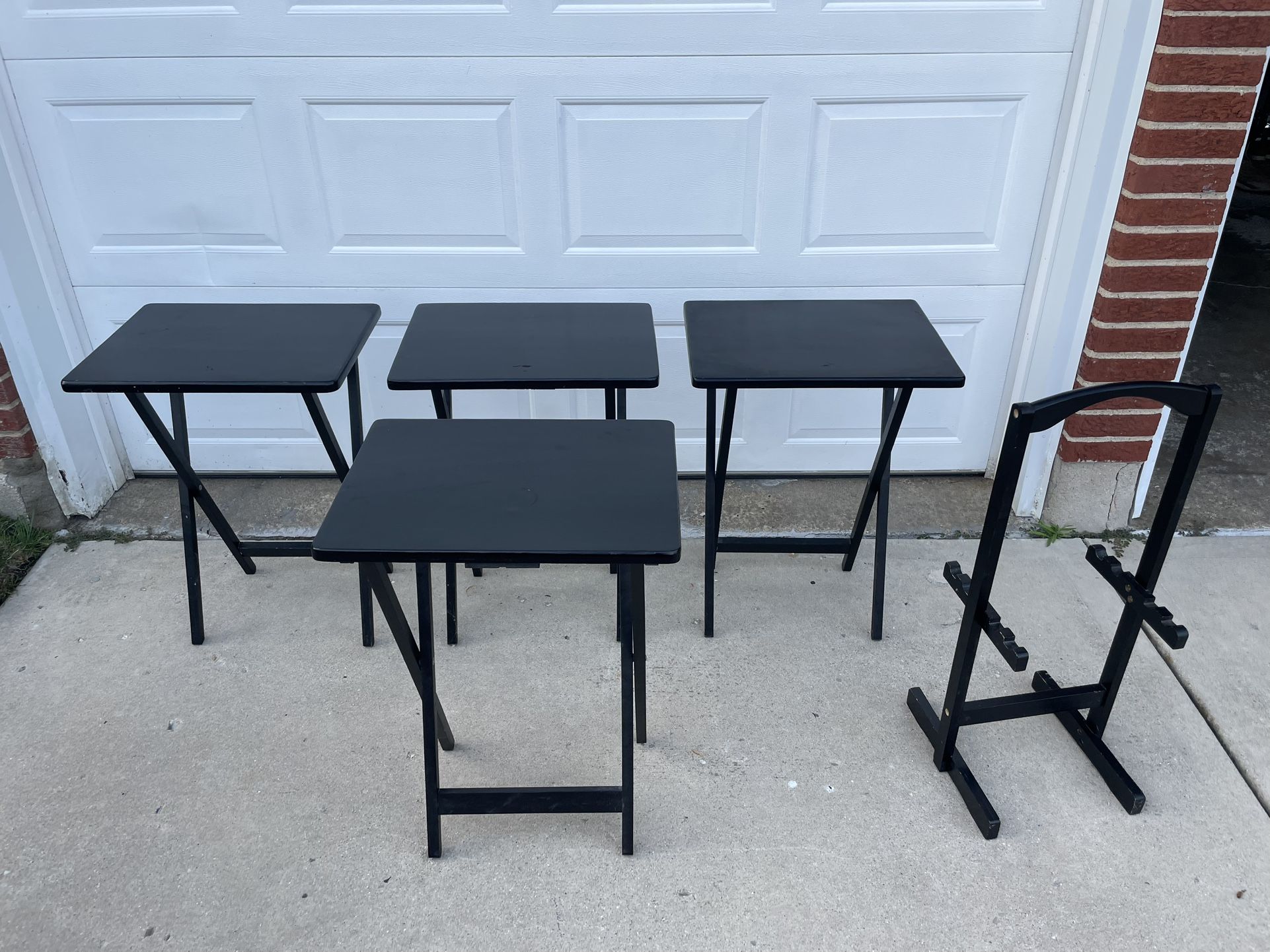 5 Pc Foldable Snack Wood Tables Set with Rack- Black
