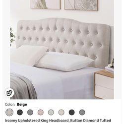 iRoomy beige upholstered king headboard, button-tufted linen fabric, adjustable height, solid wood legs.