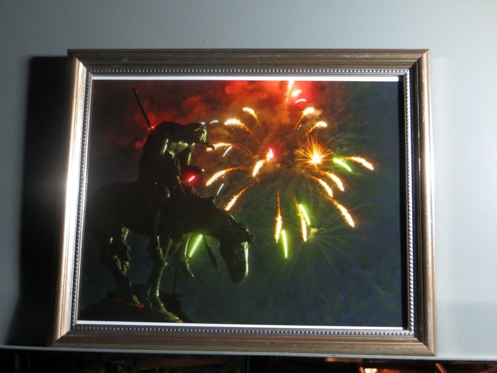 8 X 10 Framed Photo Of End of the trail Statue In Waupun ,WI With Fireworks Behind