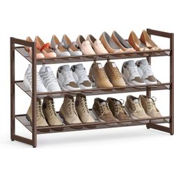 Shoe Rack, 3-Tier Shoe Organizer, Metal Shoe Storage for Garage, Stackable Shoe Shelf, with Adjustable Flat or Angled Shelves, 9-12 Pairs, Bronze ULMR