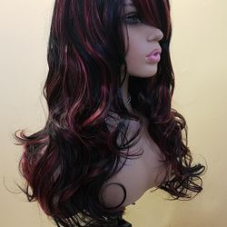 Long Red With Black Wavy Wig