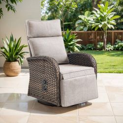 Plain Curve 1-Piece Brown Wicker Outdoor Adjustable Swivel Recliner Chair with Beige Cushions