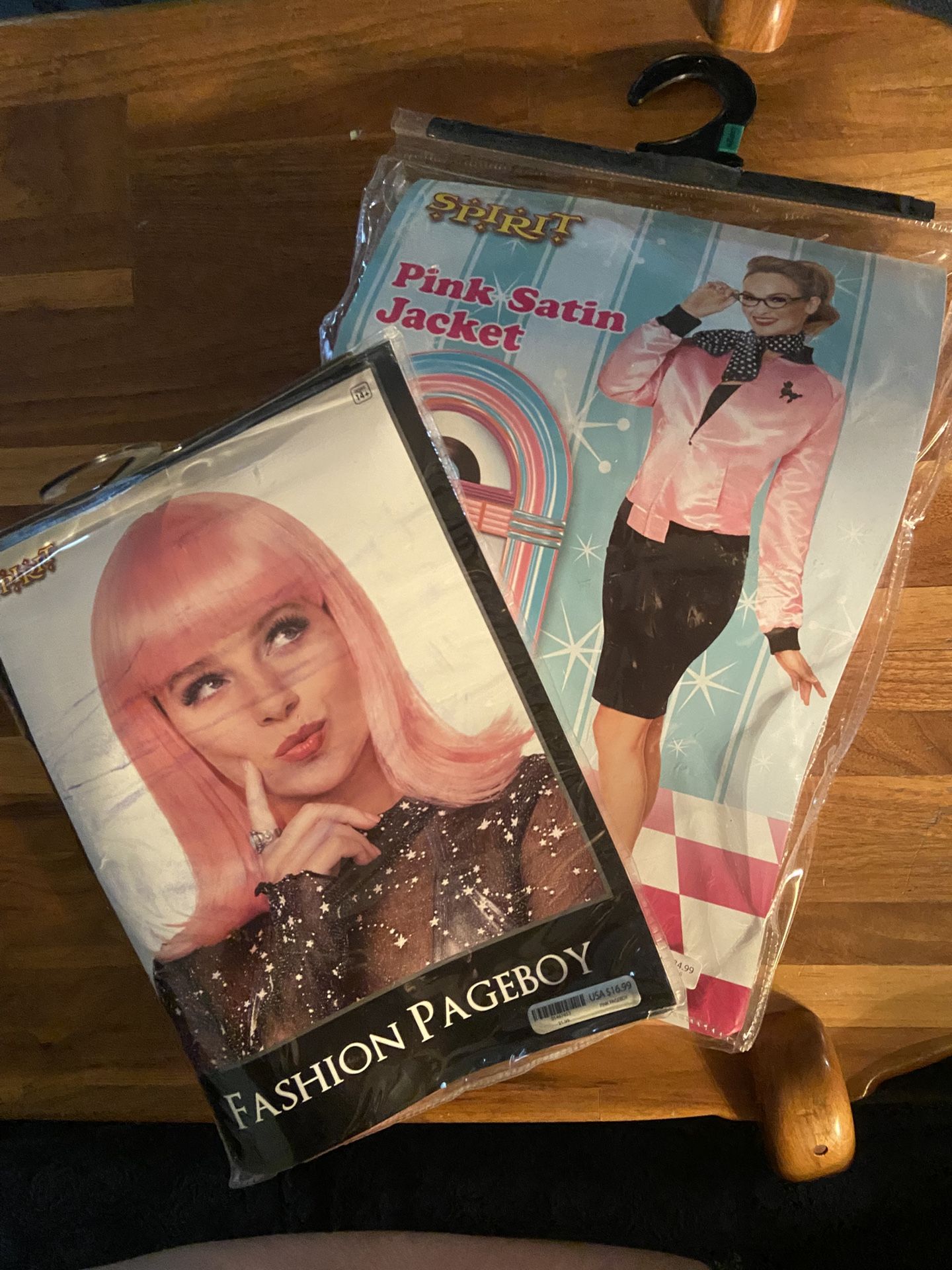 PINK LADY SATIN JACKET LARGE & PINK WIG NEW HALLOWEEN COSTUME 