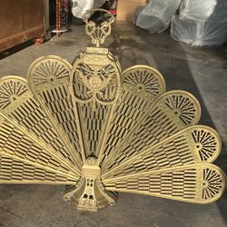 Vintage Brass Peacock Fireplace Screen / Folding Fan Fire Screen