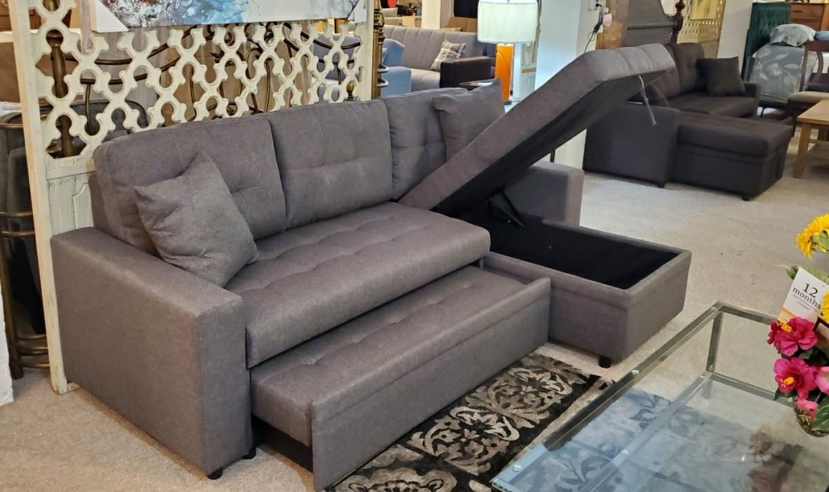 Grey Linen Sectional w/Chaise storage and pullout bed