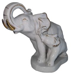 Vintage Porcelain Elephant Mother and Baby Elephant Statue Figurine White Gilded 