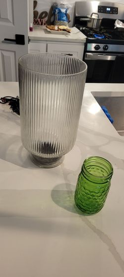 Ribbed Glass Vase and Green Glass Jar Set