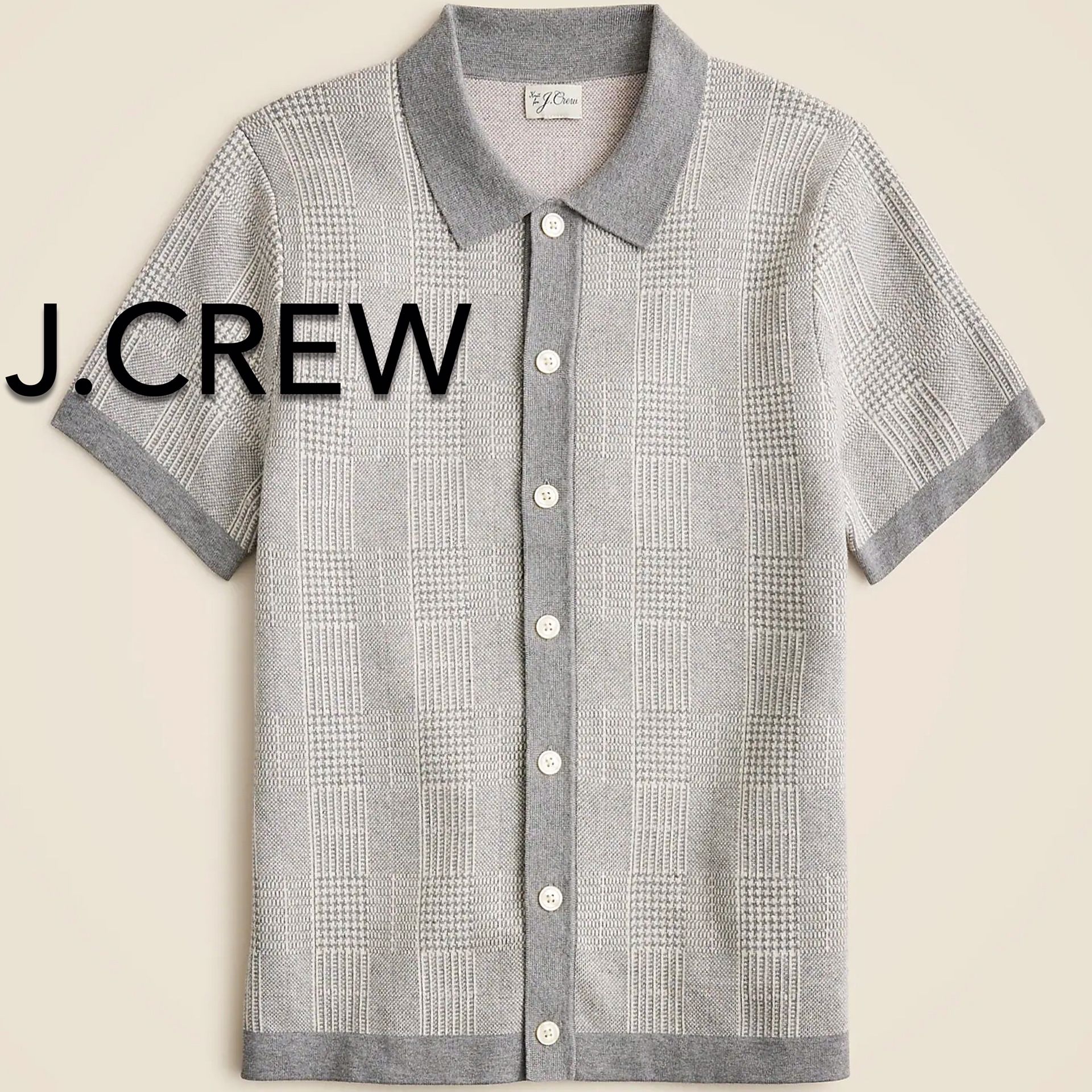 (NEW) (2 SIZES AVAILABLE) MEN’S J.CREW SHORT-SLEEVE HERITAGE COTTON SWEATER-POLO IN WINDOWPANE JACQUARD - SIZES: MEDIUM AND LARGE 