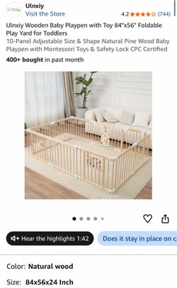 Ulnxiy Wooden Baby Playpen with Toy 84"x56" Foldable Play Yard for Toddlers 10-Panel Adjustable Size & Shape Natural Pine Wood Baby Playpen with Monte
