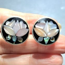 Vintage Silver Abalone / Mother Of Pearl Lotus Flower Earrings
