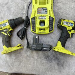Ryobi 18V Drill Bundle-Clean-1/2” Drill-Driver, 1/4”Brushless Impact, 30 Min Fast Crgr./Battery 