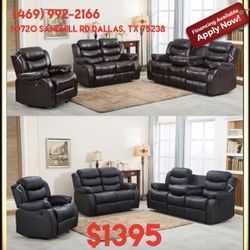 Leather Recliner Sofa Set 3pc - Delivery And Financing Available 