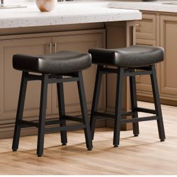 24'' Backless Faux Leather Upholstered Saddle Stool Chair Set of 2. Black