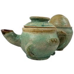 Rare JK Studio Art Pottery Teapot And Sugar Bowl Set-handcrafted Green Glaze