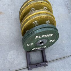 Eleiko Bumper Plates 4-35 Pounds 2 25 Pounds And Rack The Rack Is Missing The Handle  Plates Need Good Cleaning 