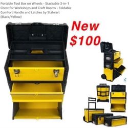 New Portable Tool Box on Wheels - Stackable 3-in-1 Chest for Workshops and Craft Rooms - Foldable Comfort Handle and Latches by Stalwart $100 