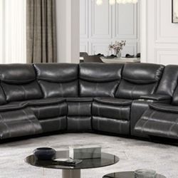 Brand New Grey Leather Super Plush Reclining Sectional Sofa 