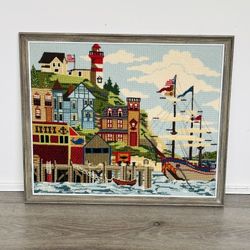 Vintage Seaside Embroidery Needlework Seaside Lighthouse Boat Village 18” x 21.5