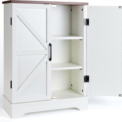 White Farmhouse Storage Cabinet with Barn Doors – Freestanding Floor Cabinet with Adjustable Shelf for Bathroom, Living Room, Kitchen