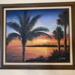 Pair Of Palm Tree Oil Paintings Framed 