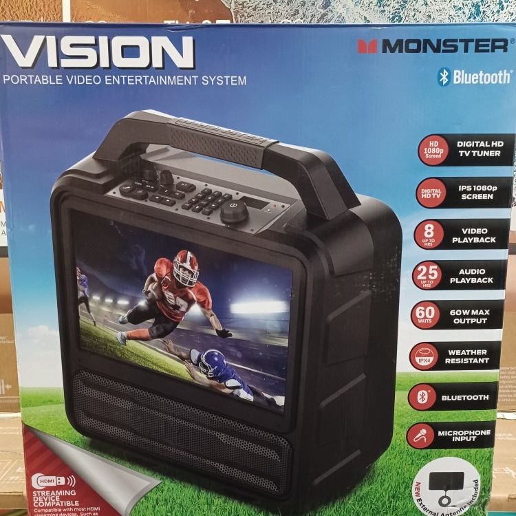 Monster Vision Portable Kareoke Bluetooth Party Speaker Built-in TV Tuner.  Remote And Antenna Inc 