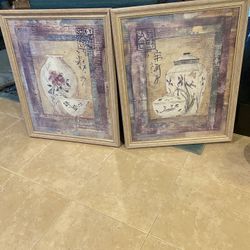 Two Oriental Framed Art Prints W/ Purple Iris In Vases / Distressed Wood Frames